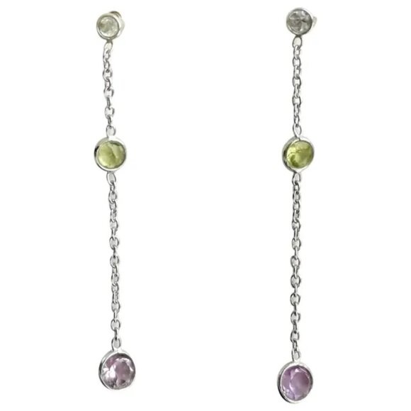 Nwt Sterling silver three gemstone dangle earrings Topaz Peridot Amethyst - Picture 1 of 6